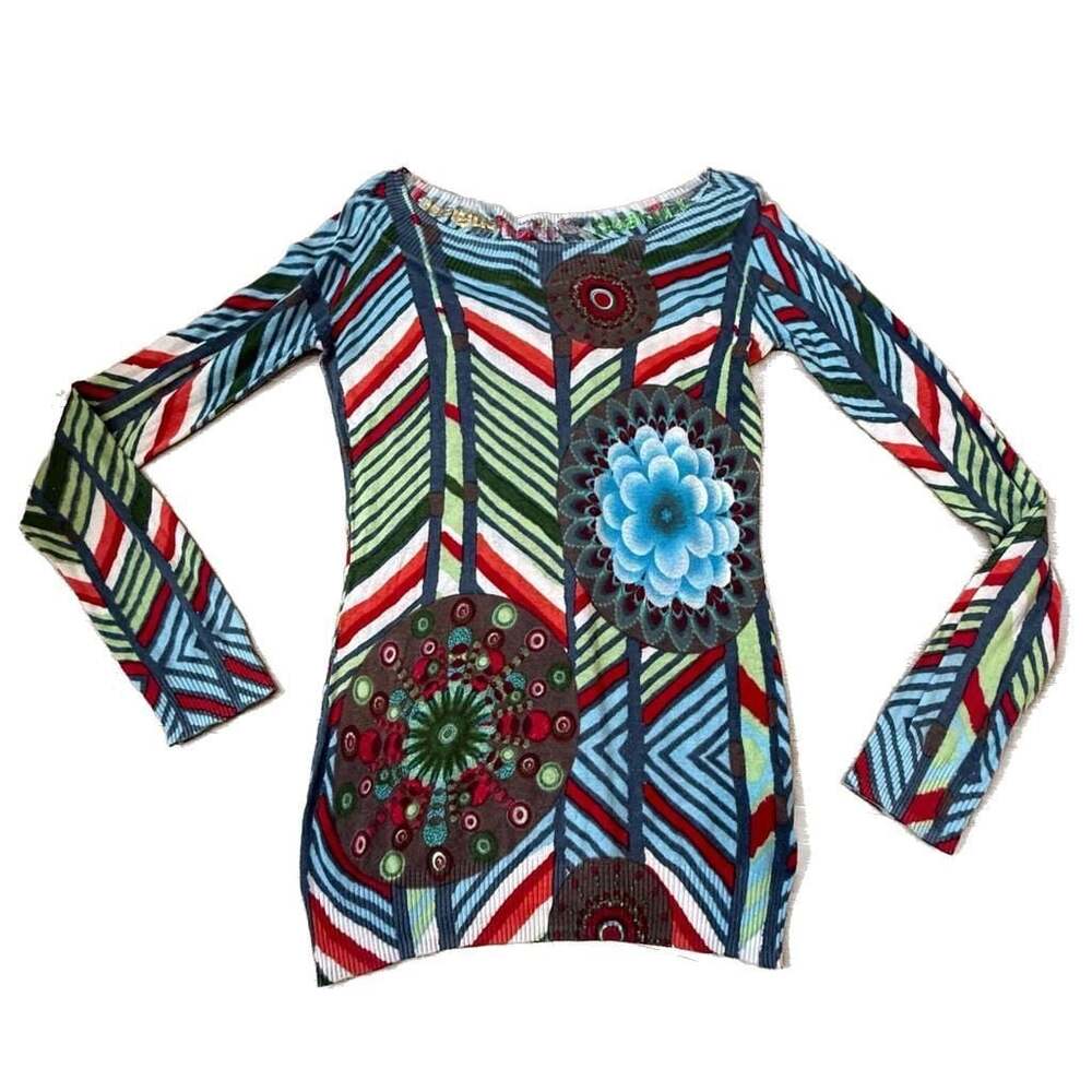 Desigual Long Sleeve Geometric Floral Knit Sweater Size L